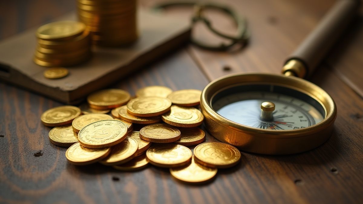 Gold coins on a wooden table with a compass and a magnifying glass nearby.
