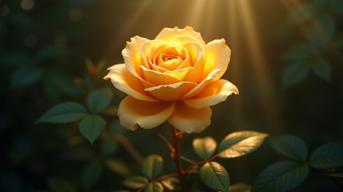 Uma rosa dourada rodeada de luz mística na jungle.