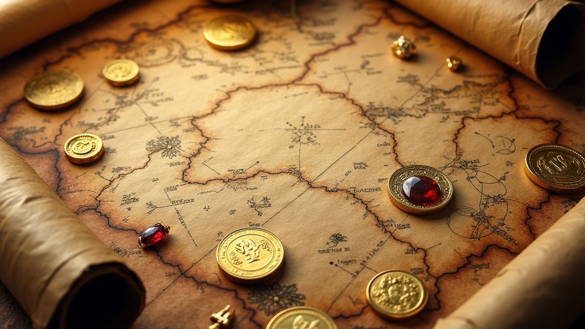 Um mapa do tesouro rodeado de moedas de ouro e joias.