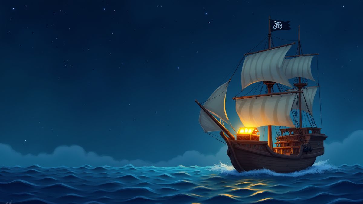 Piratenboot, das unter dem sternenklaren Himmel mit einer leuchtenden Schatztruhe auf dem Deck segelt.