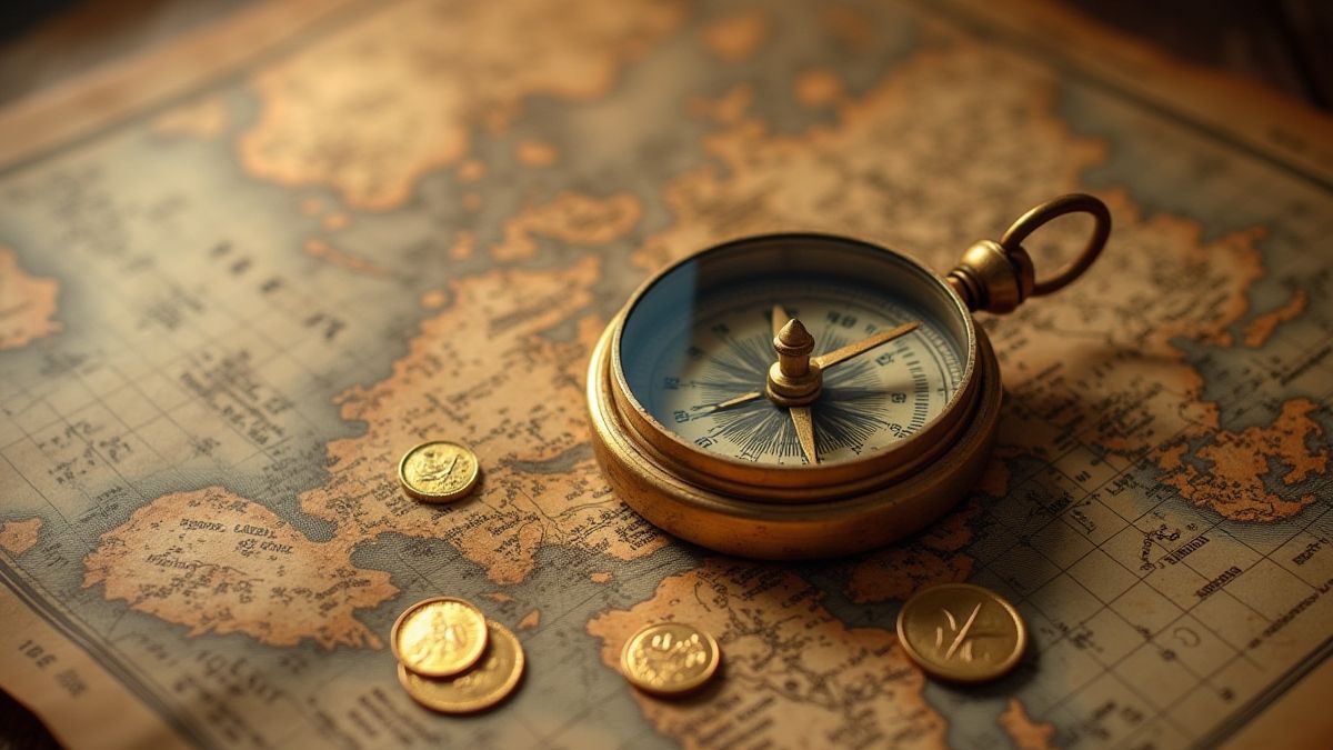 A compass on an aged map with gold coins around.