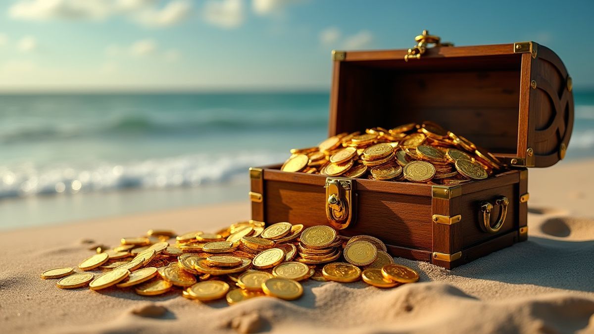 Gold coins and jewels spilling out of a treasure chest on a sandy beach.