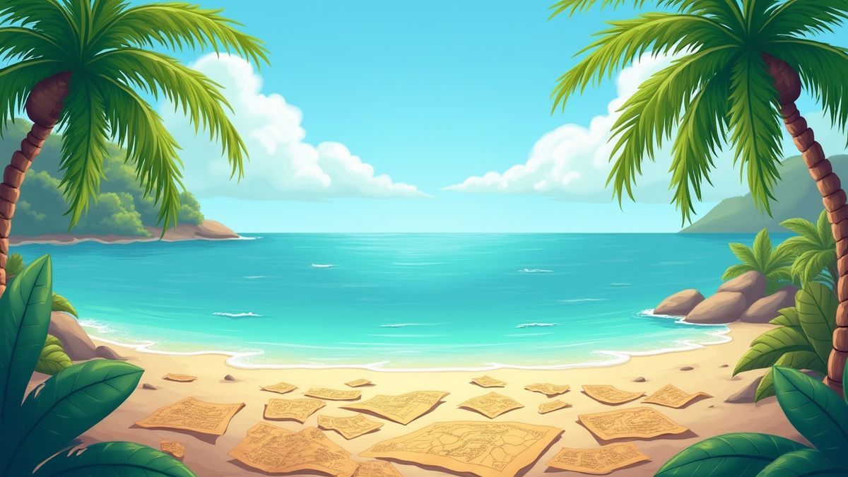 A tropical island with palm trees and treasure map clues scattered on the ground.
