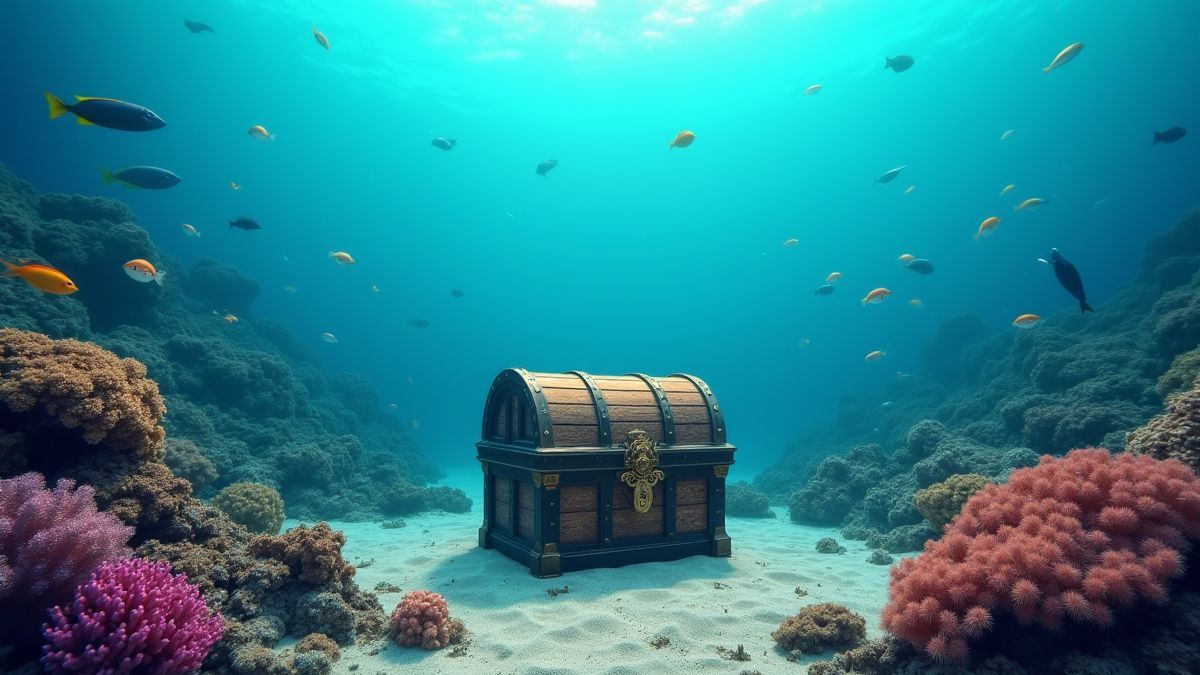 Scene underwater with coral reefs and a treasure chest surrounded by marine life.