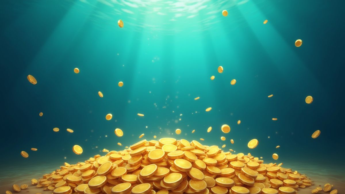Gold coins and Scatter symbols glowing underwater.