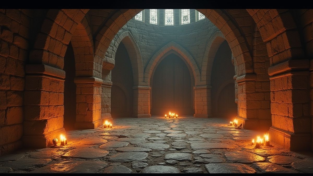 Interieur van een middeleeuws kasteel met glinsterende schatten en mysterieuze symbolen.