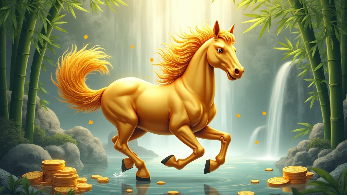 Caballo dorado rodeado de elementos orientales bajo una cascada.