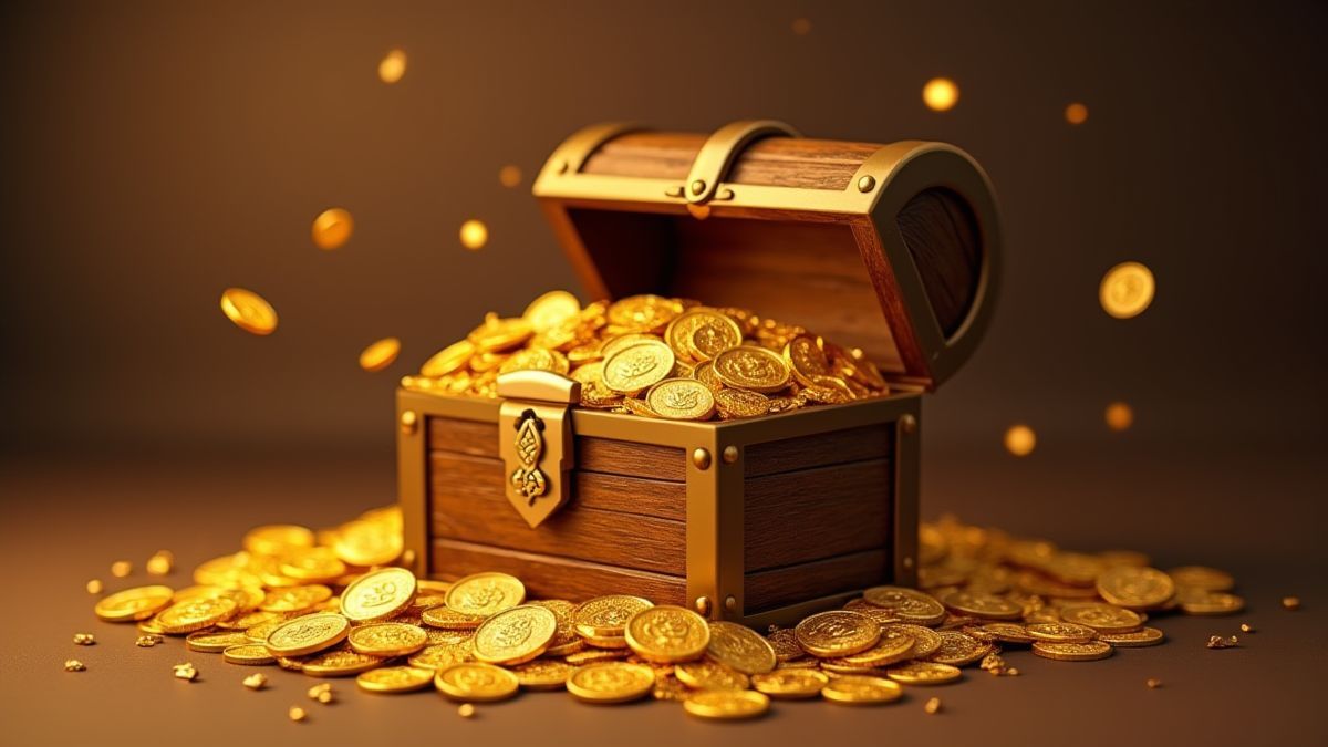 Cofre del tesoro lleno de monedas doradas.