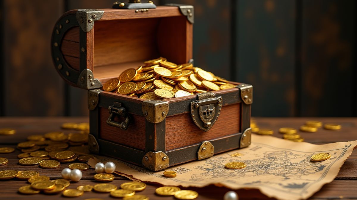 Cofre do tesouro cheio de ouro e pérolas