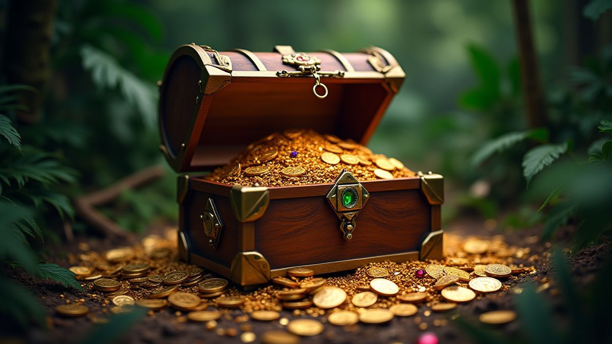 Um cofre do tesouro no meio da selva rodeado de moedas de ouro e joias.