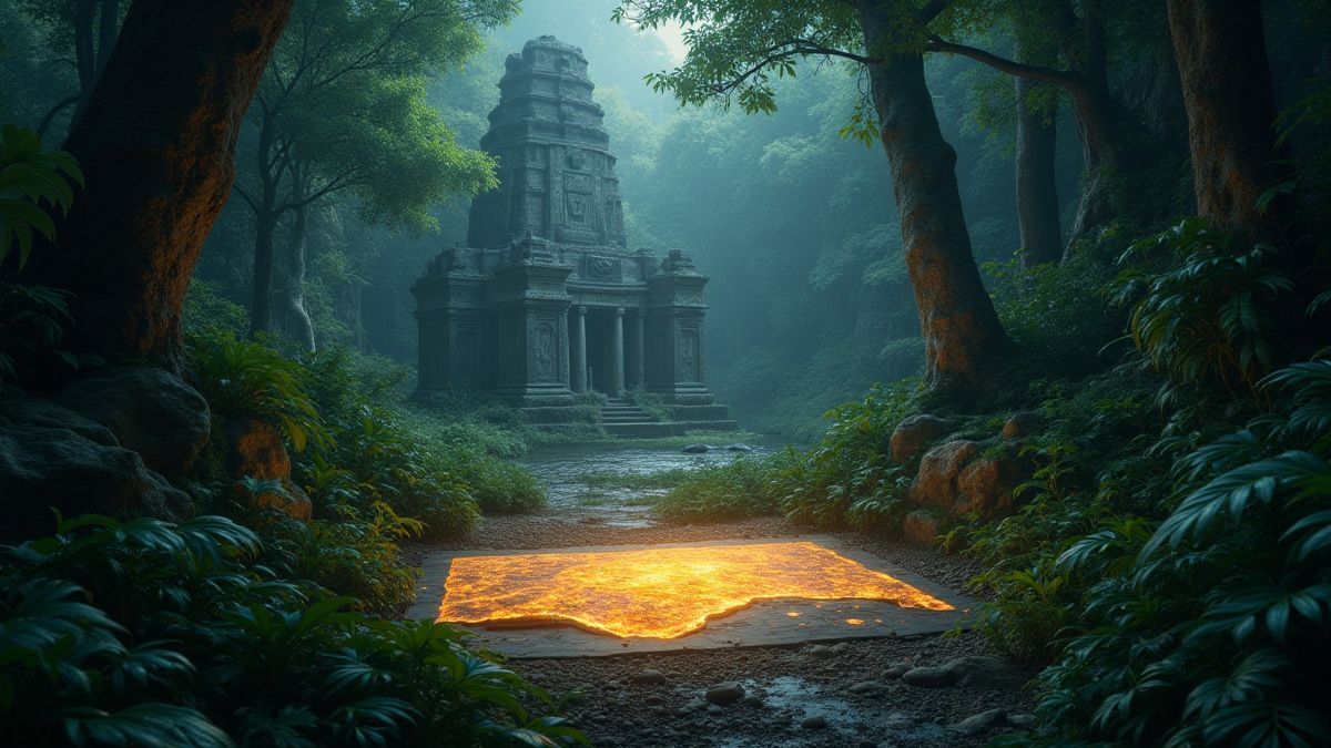 Uma cena de selva com ruínas antigas e um mapa brilhante.