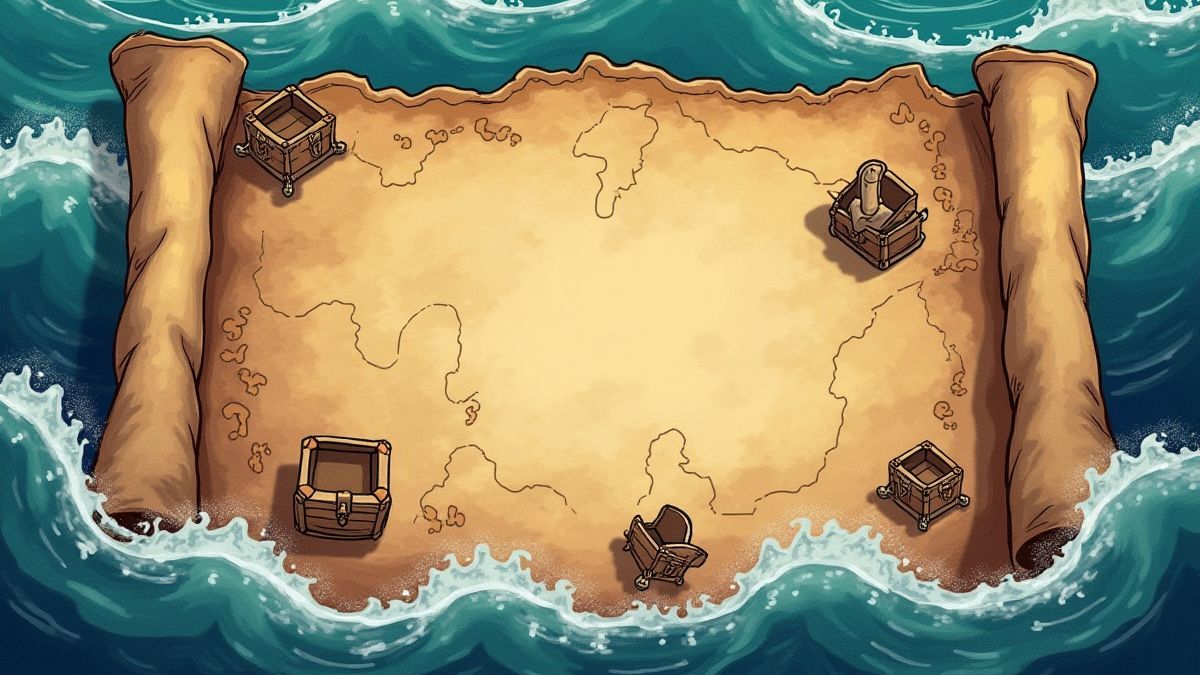 Een oude piratenkaart met gemarkeerde schatlocaties omringd door oceaangolven.