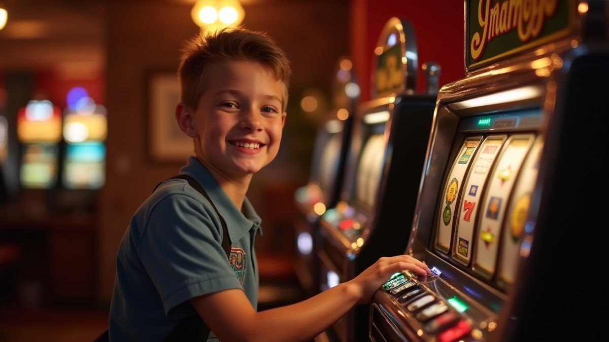 Een glimlachende beginner speler terwijl hij speelt op een klassieke fruitautomaat in een gezellige kamer.