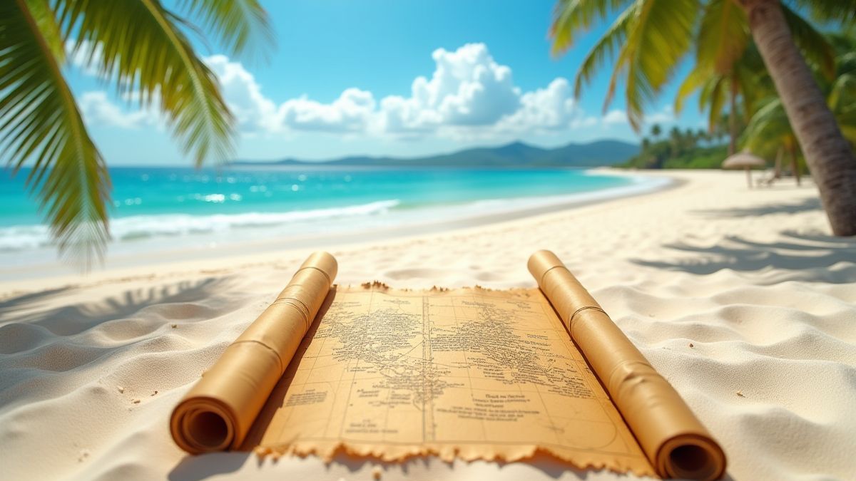 Un mapa del tesoro sobre una playa arenosa con palmeras al fondo.