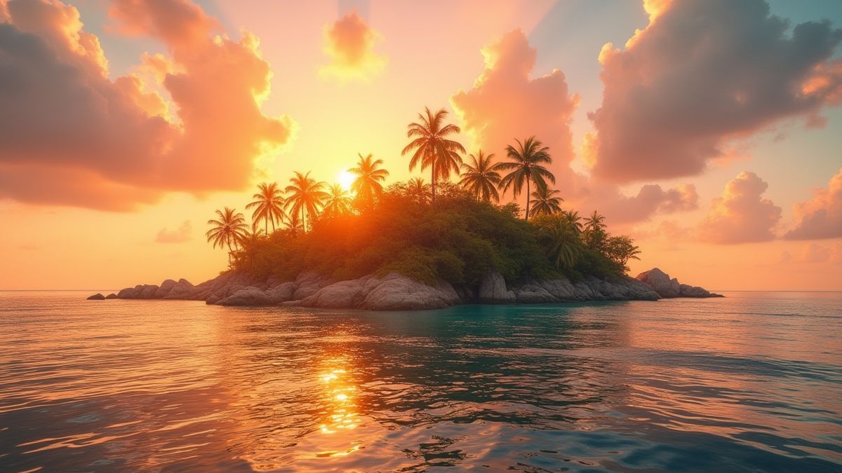 Una isla tropical al atardecer con luz dorada reflejada en el océan.