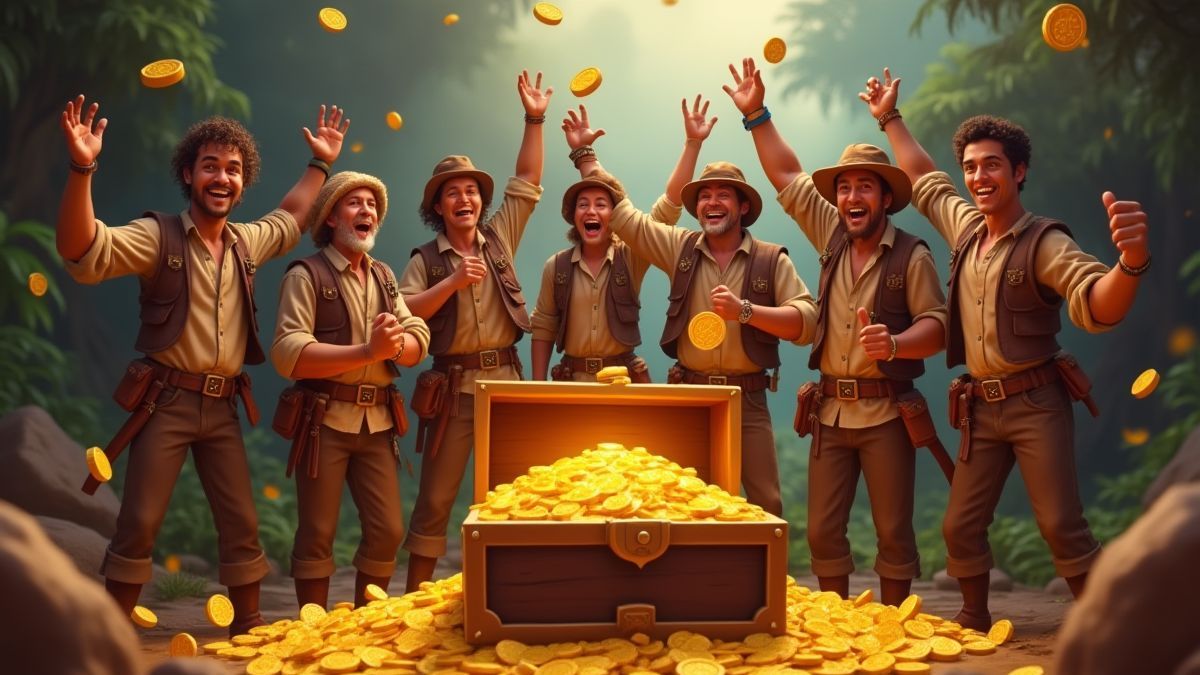 Exploradores celebrando rodeados de cofres del tesoro y monedas de oro.