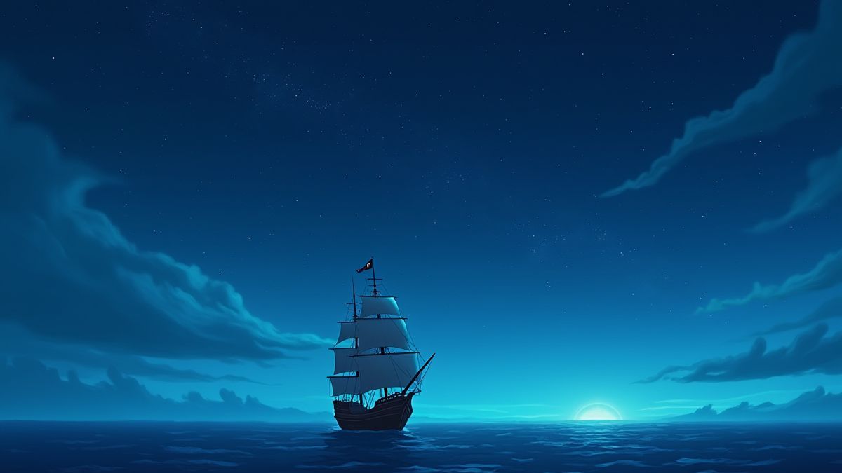Een piratenschip dat vaart onder een sterrenhemel.