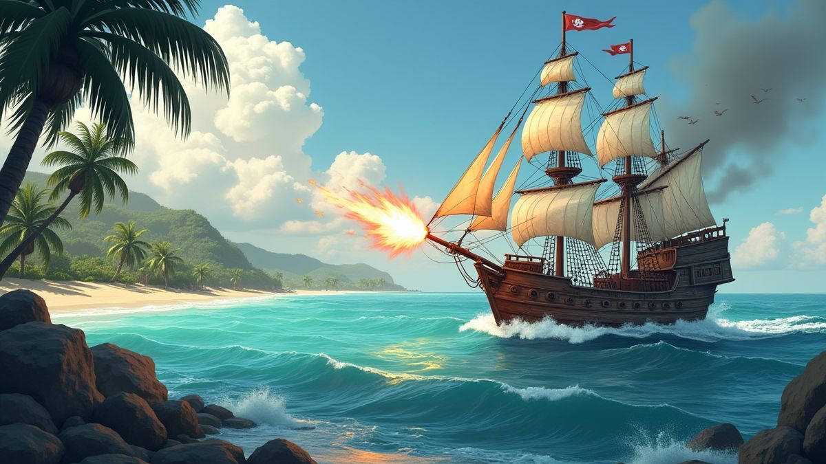 Barco pirata disparando canhões em direção a uma costa tropical.