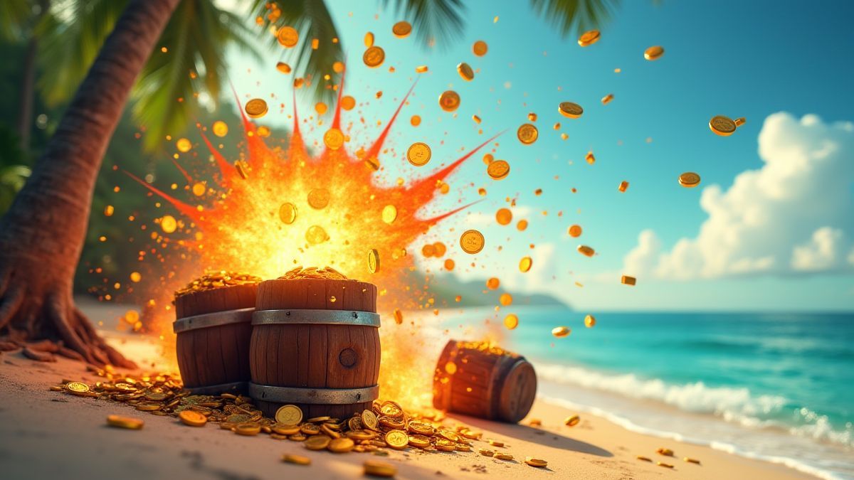 Barris explodindo com moedas de ouro voando em uma ilha tropical.