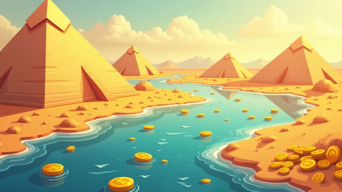 El río Nilo con pirámides y monedas doradas en la orilla.
