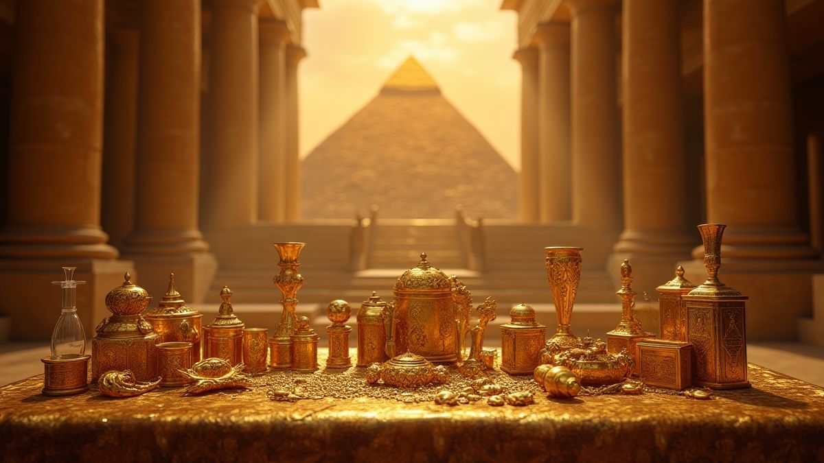 Goldene Schätze und Artefakte in einer Pyramide.