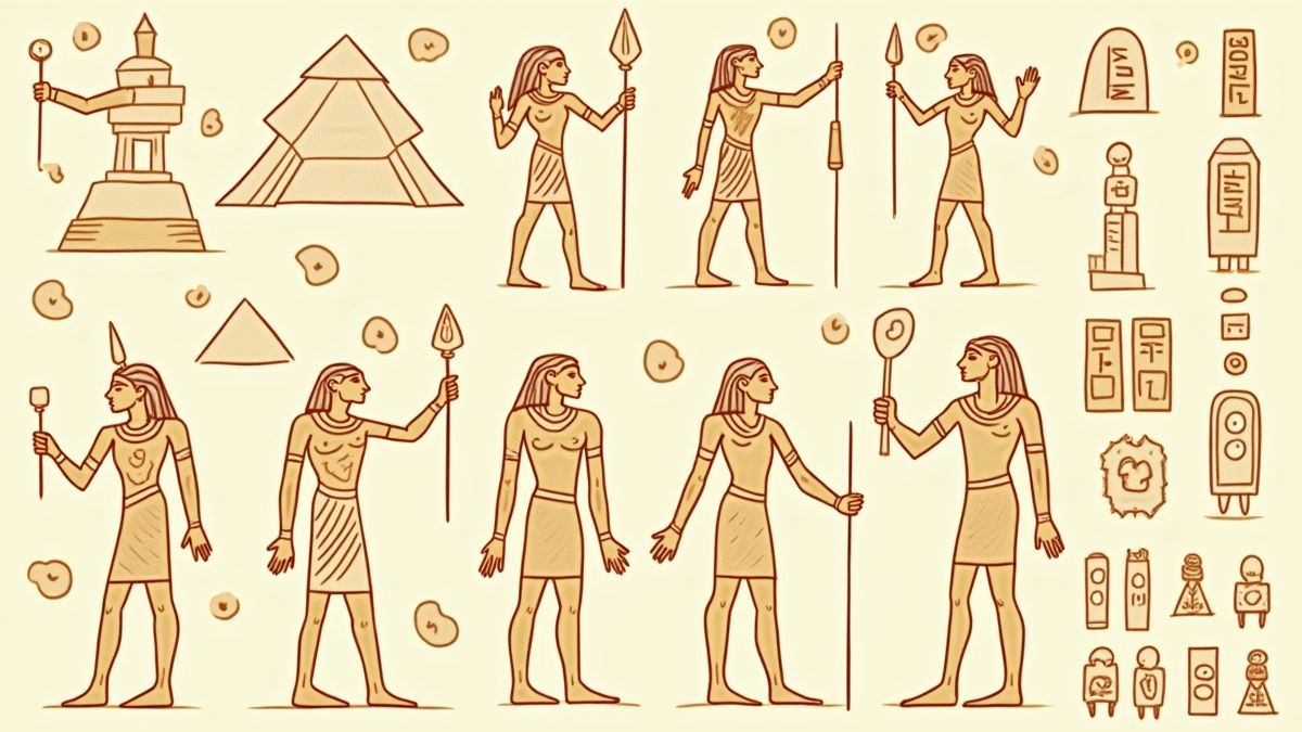Símbolos egípcios como escaravelhos, deuses e hieróglifos.