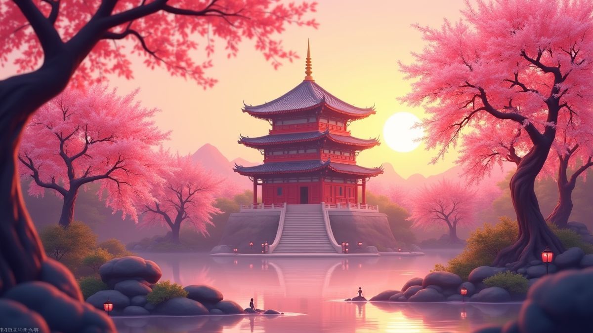 Een Chinese tempel omringd door kersenbloesems bij zonsondergang.