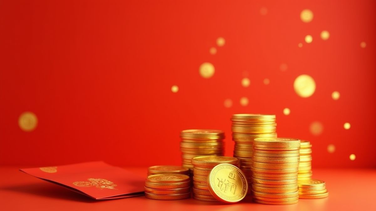 Hopen gouden munten en rode enveloppen die worden gebruikt in Chinese vieringen.