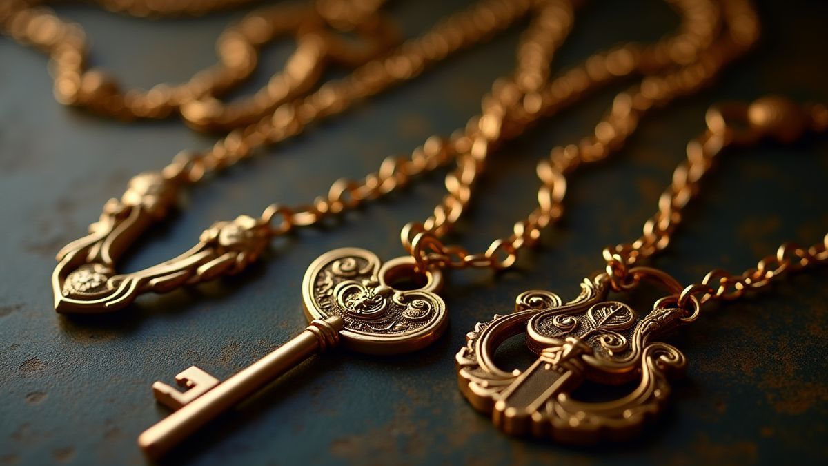 Llave y collares dorados en un entorno ornamentado.