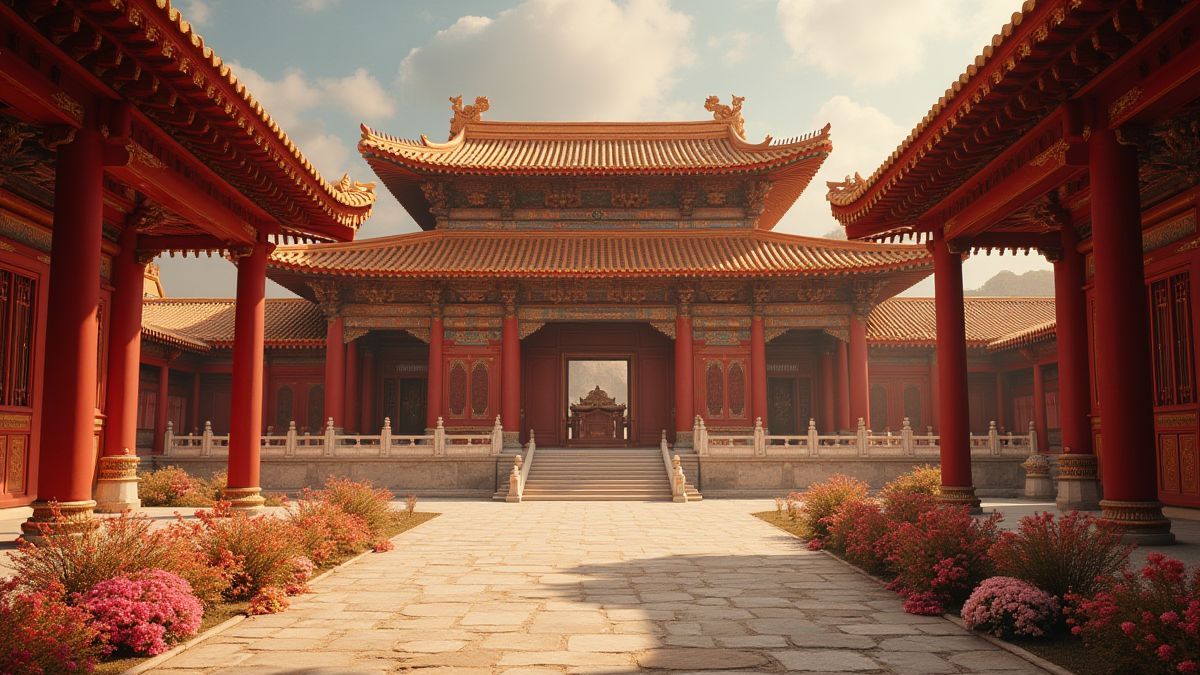 Um palácio oriental rodeado de tesouros.