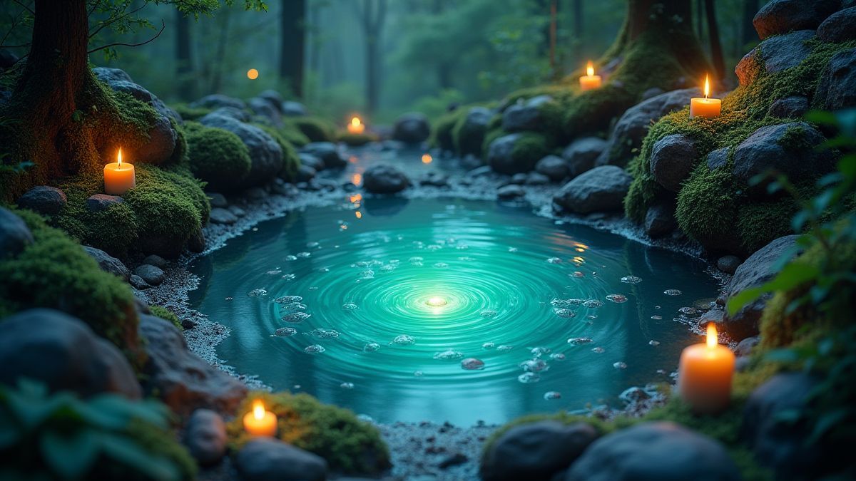 Estanque mágico rodeado de natureza com tesouros brilhando sob o água.
