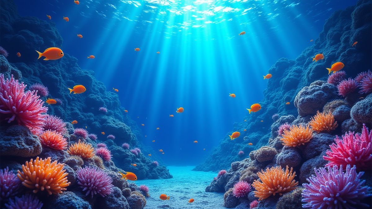 Onderwater scene met stralende koralen en kleurrijke vissen.