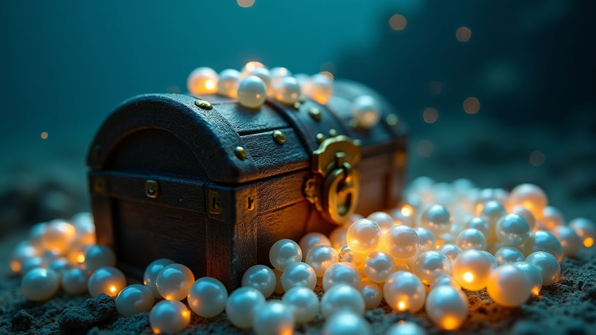 Een schatkist omringd door glanzende parels onder water.