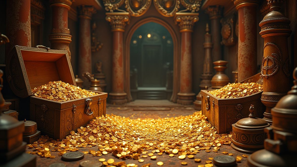 Una sala llena de monedas de oro y joyas.
