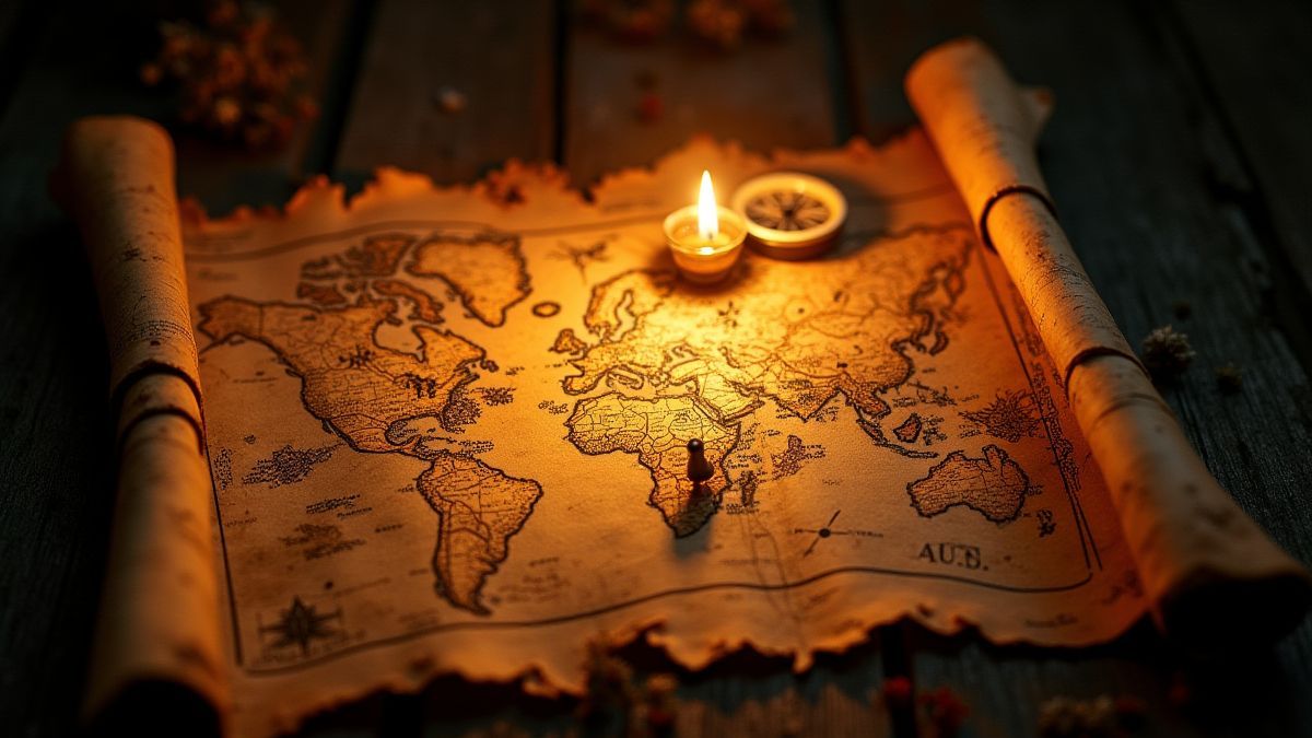 Un mapa del tesoro iluminado con ubicaciones marcadas.