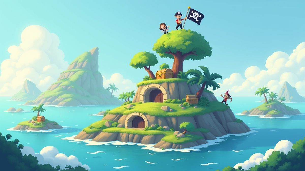 Floating islands with pirates searching for treasures.