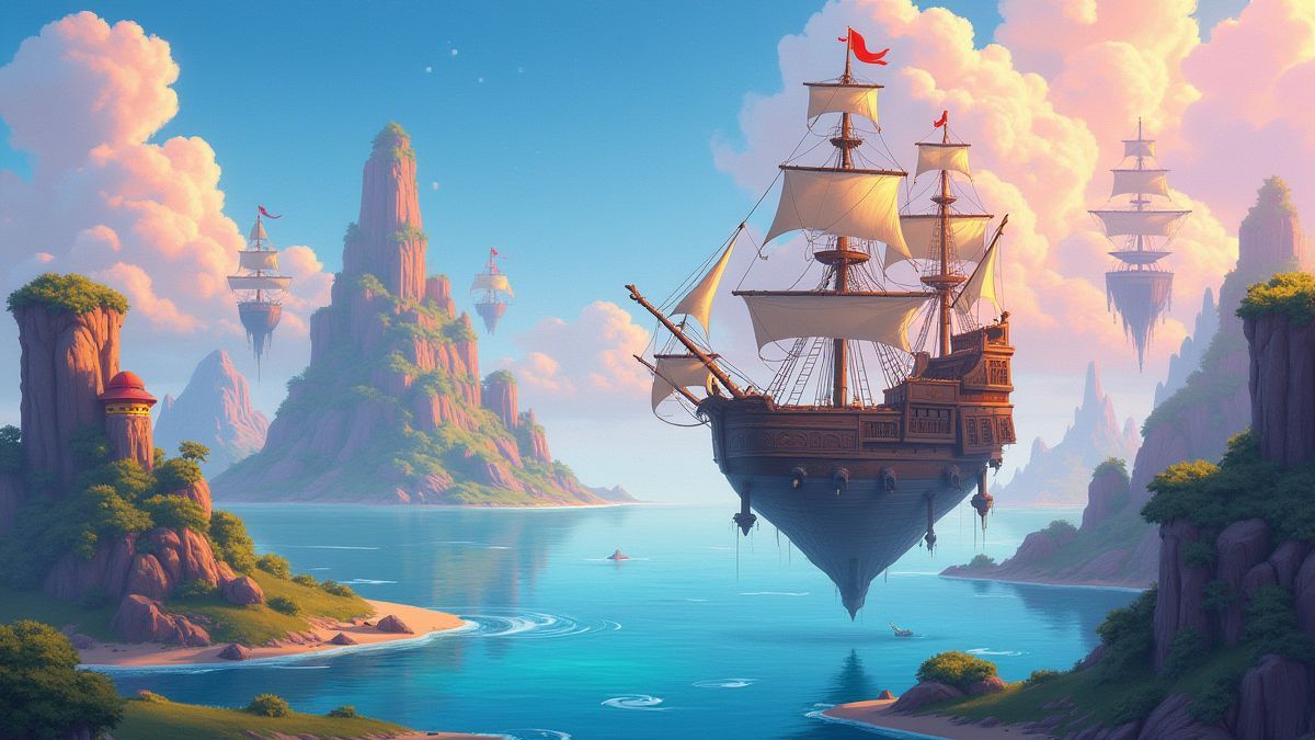 Colorful landscape of floating islands with vibrant skies and pirate ships.