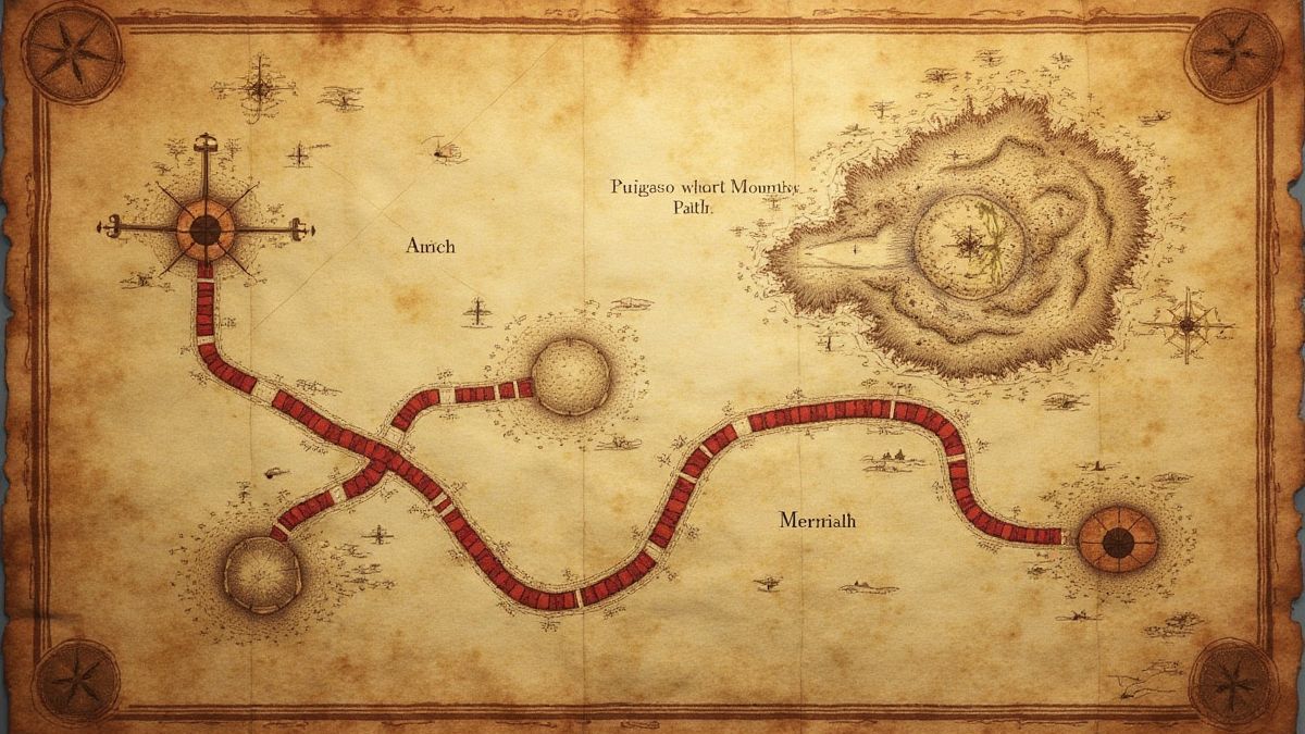 An ancient map with routes and treasure markers.