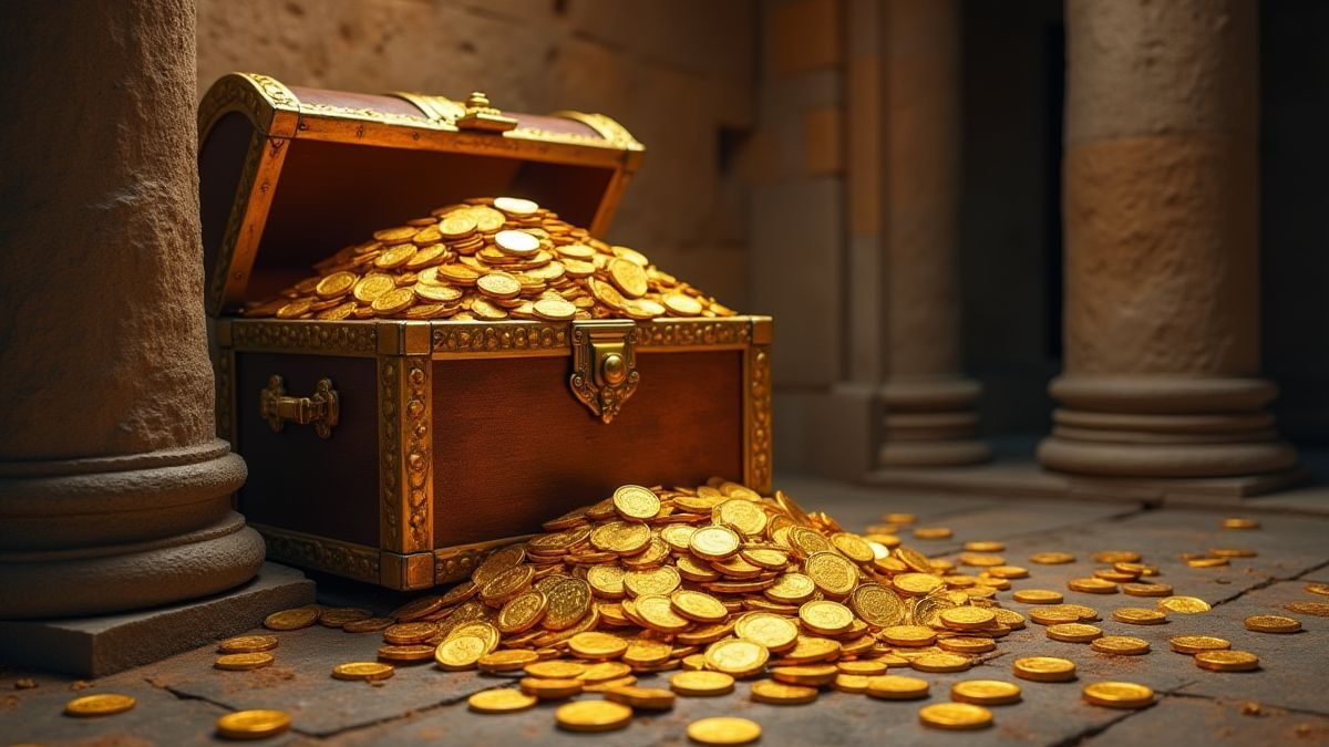 Golden coins spilling from a chest inside a stone temple.