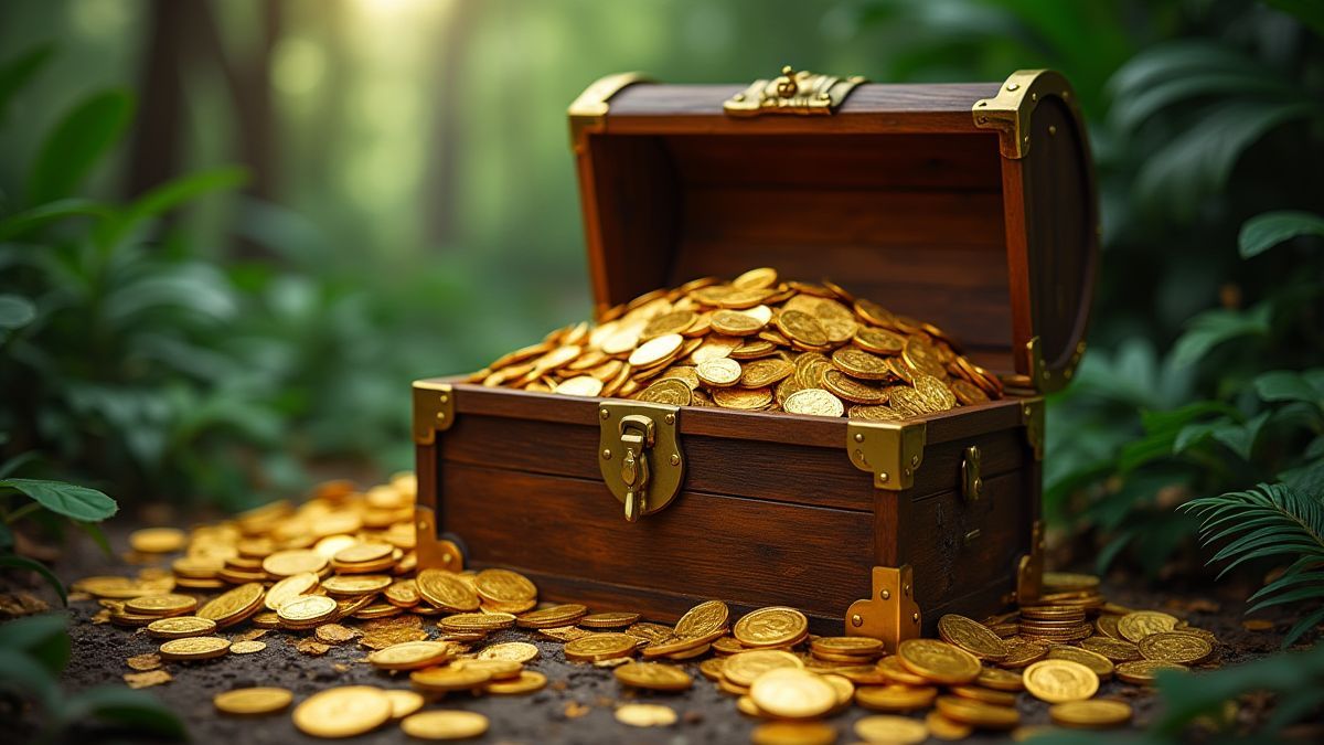 Cofre del tesoro lleno de monedas de oro en la jungla.