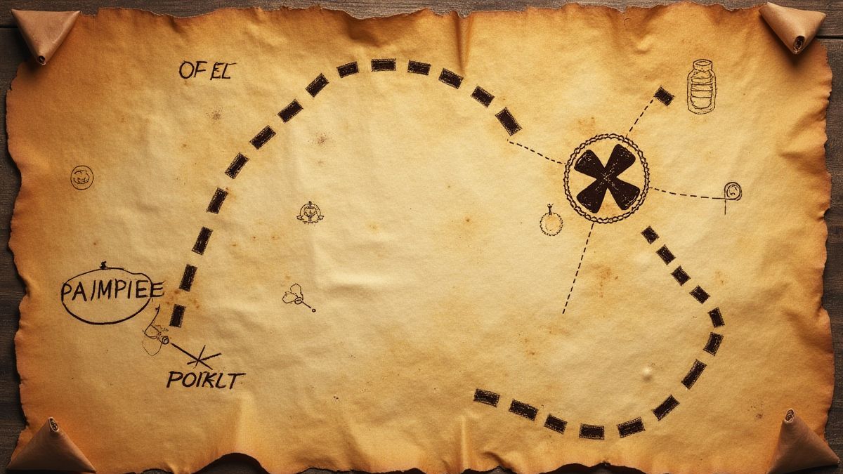 Mapa pirata detallado con una X señalando el tesoro.