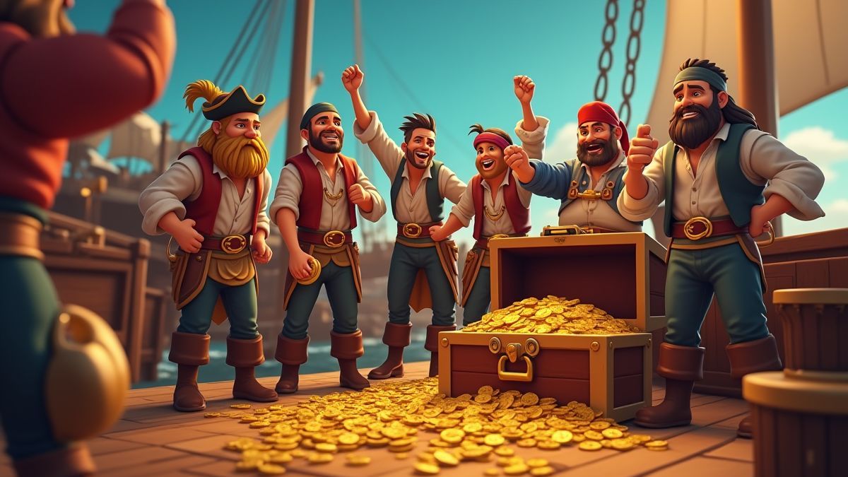 A pirate crew celebrating with chests full of gold coins.