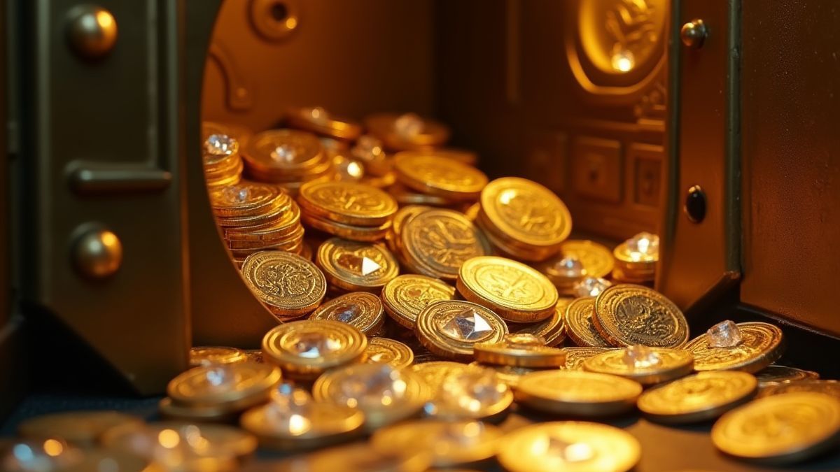 Moedas de ouro e diamantes dentro de uma câmara.