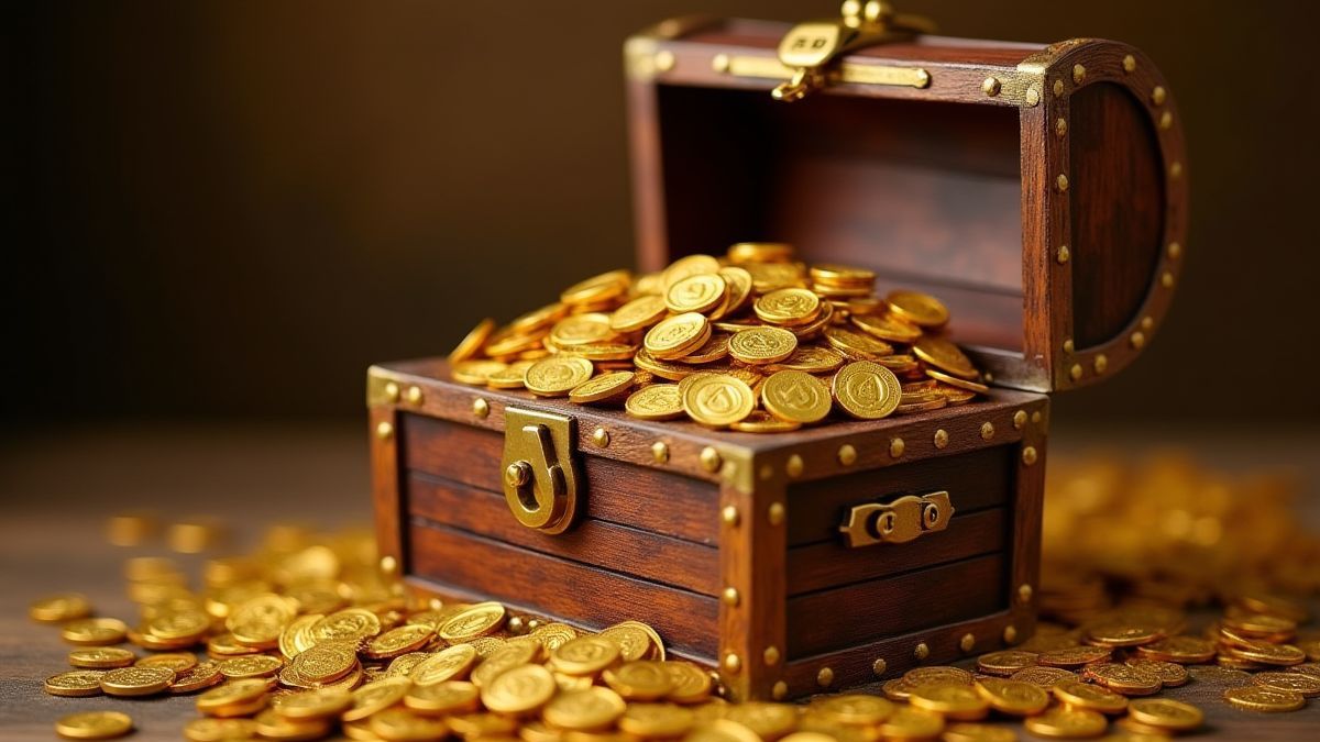 Um baú do tesouro cheio de moedas de ouro.
