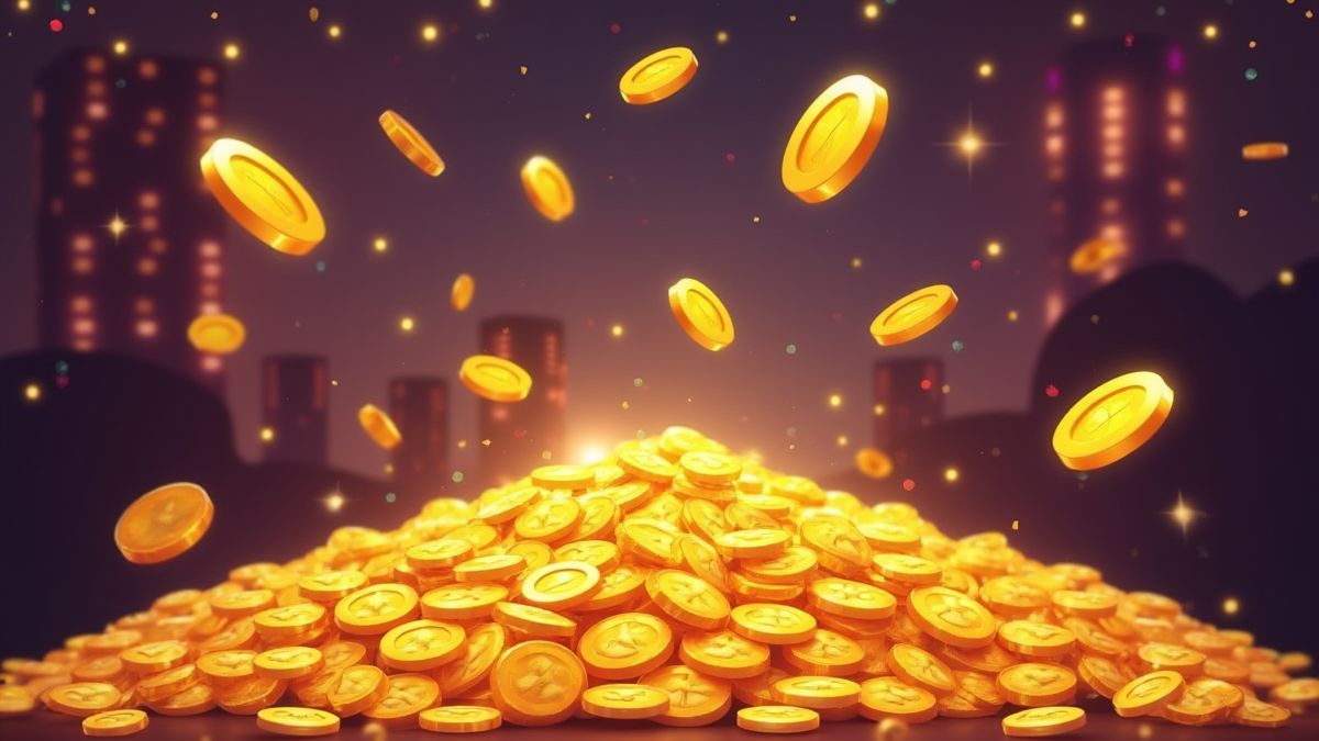 Moedas de ouro caindo em um ambiente de cassino.