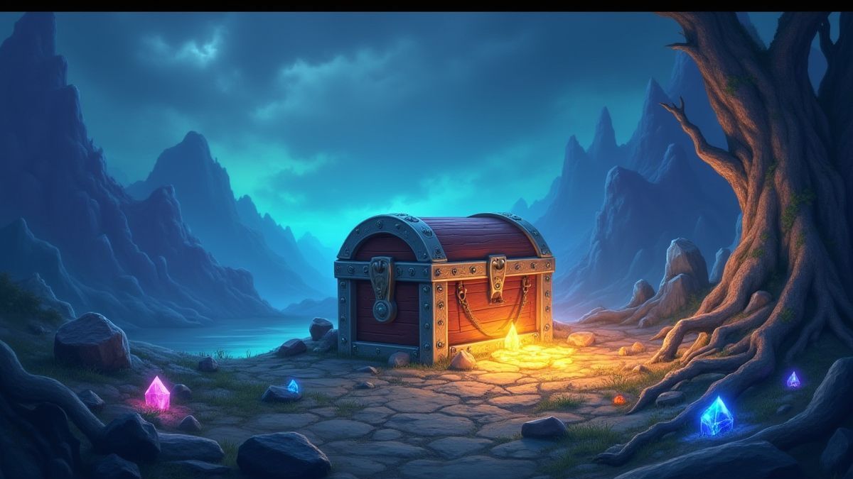 Paisagem fantástica com um baú do tesouro cercado por cristais brilhantes.