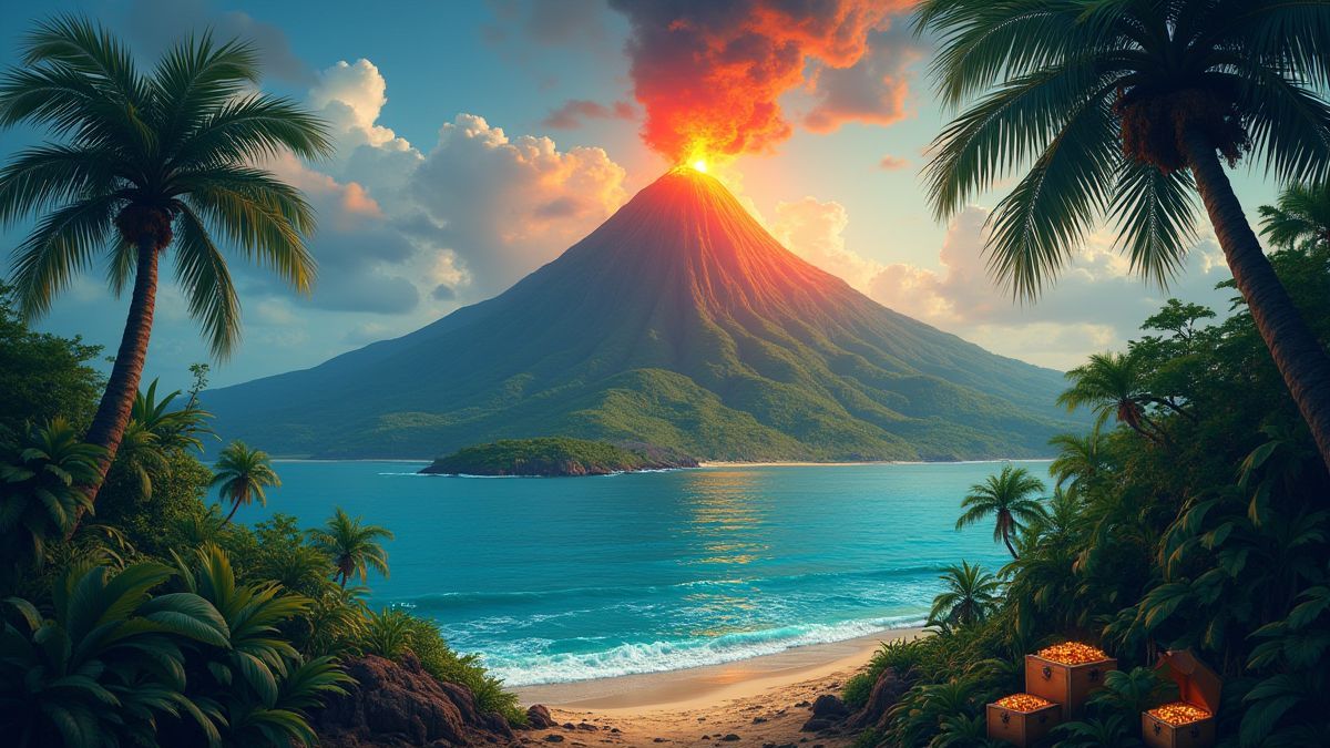 Una isla tropical con un volcán en erupción y tesoros escondidos en la jungla.