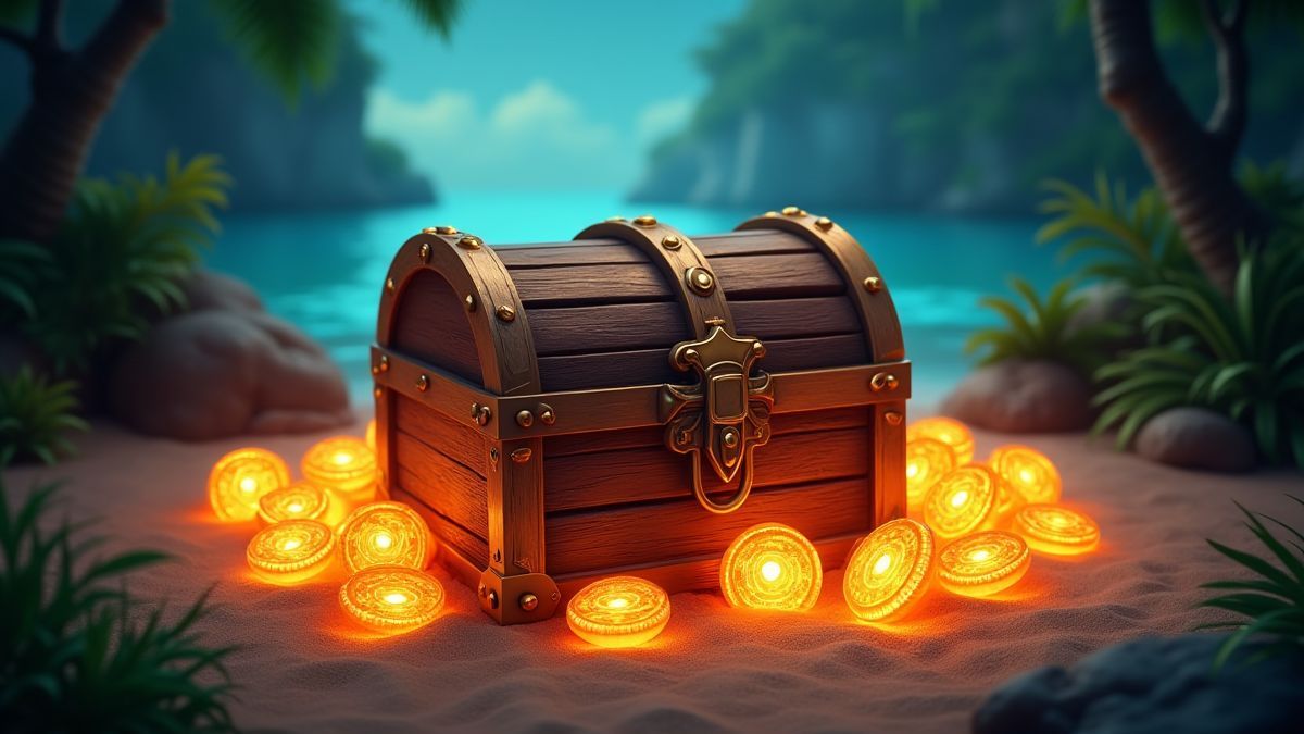 Cofre del tesoro rodeado de símbolos de giros gratis en un entorno tropical.