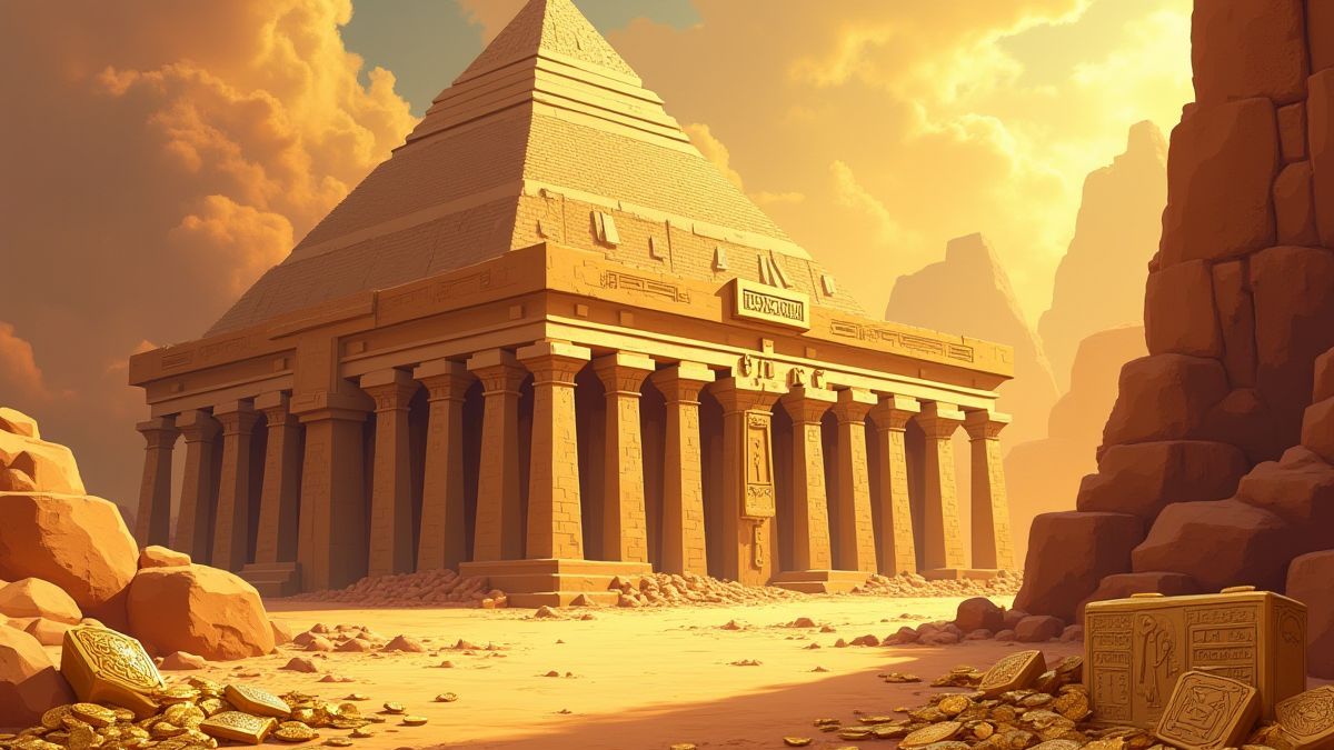 Um templo egípcio antigo com tesouros dourados e hieróglifos.