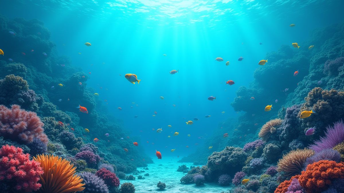 Um arrecife de coral submarino com peixes de cores nadando ao redor.